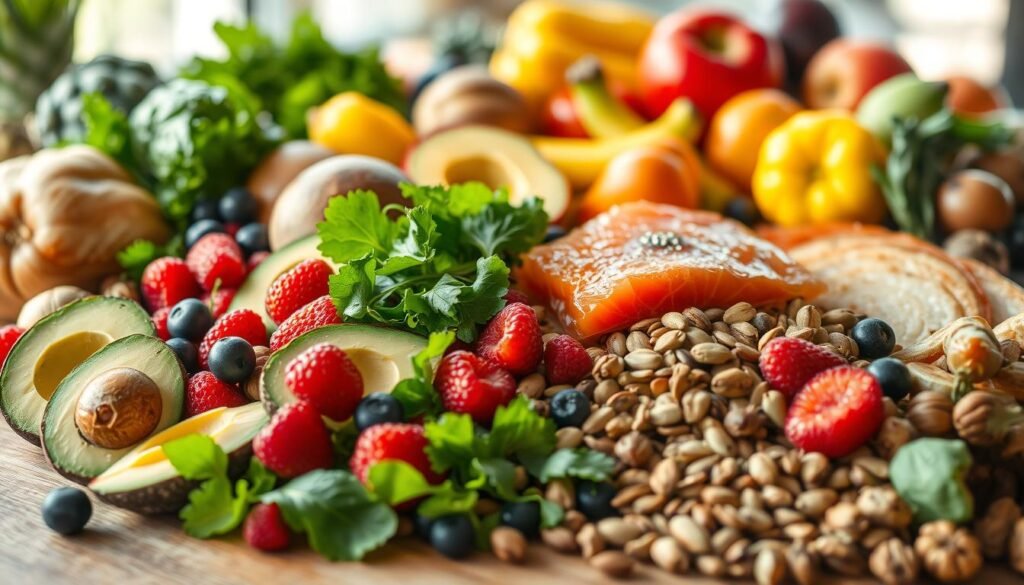 A bountiful harvest of brain-nourishing foods arranged in a vibrant still life, bathed in warm, natural lighting. In the foreground, a selection of ripe berries, sliced avocados, and leafy greens. In the middle ground, a variety of nuts, seeds, and oily fish like salmon. The background features an array of colorful fruits and vegetables, hinting at the diverse array of nutrients to support cognitive function. The composition exudes a sense of wholesome abundance, inviting the viewer to embrace the power of mindful, brain-healthy eating.