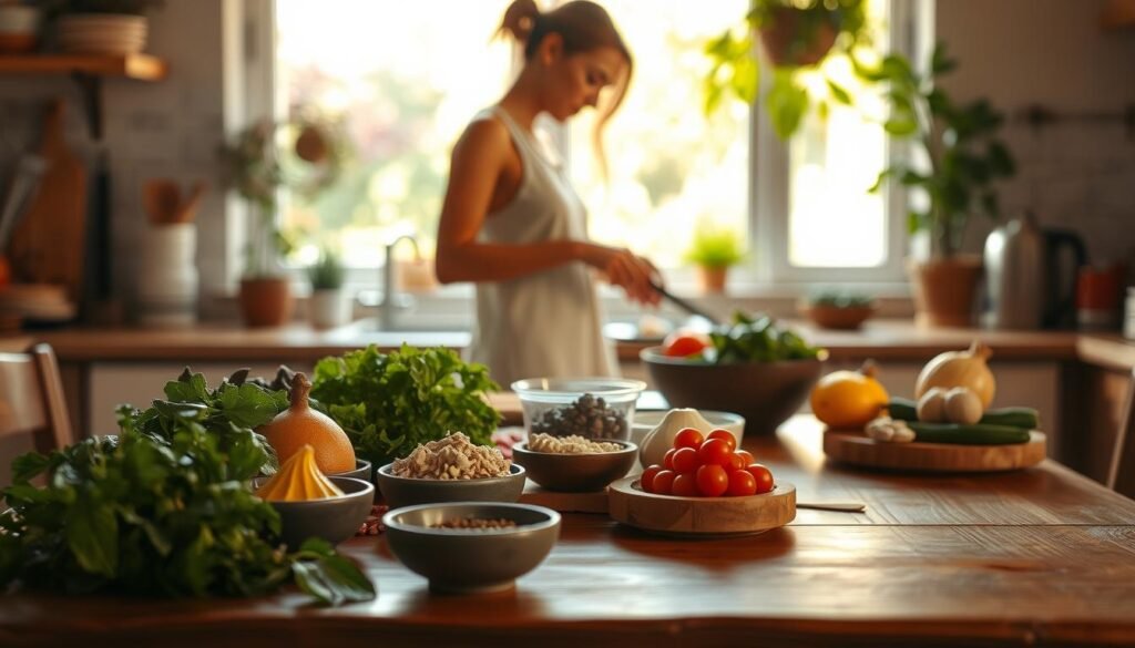 A cozy kitchen scene with a wooden table in the foreground, adorned with various nutritious ingredients and small bowls of spices. In the middle ground, a person is preparing a healthy meal, their face not visible. The background features a bright, airy window overlooking a lush garden, bathed in warm, natural lighting. The overall atmosphere conveys a sense of tranquility, inviting the viewer to participate in the act of mindful self-care through nourishing culinary practices.