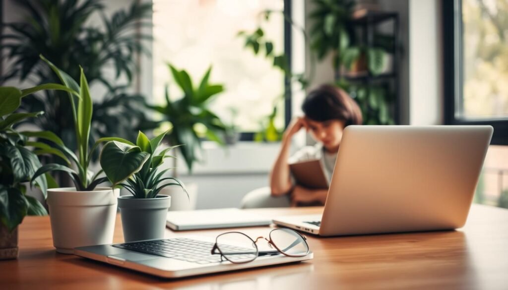 A cozy office setting with lush greenery and natural lighting. In the foreground, a desk with a laptop, a potted plant, and a pair of reading glasses, symbolizing the balance between work and self-care. In the middle ground, a person sitting at the desk, their body language conveying a sense of focused yet relaxed concentration. Warm, muted colors create a calming atmosphere, while the office window in the background offers a glimpse of the outdoors, hinting at the importance of work-life integration. Soft, diffused lighting casts a gentle glow, reflecting the overall theme of mental health and well-being in the workplace.