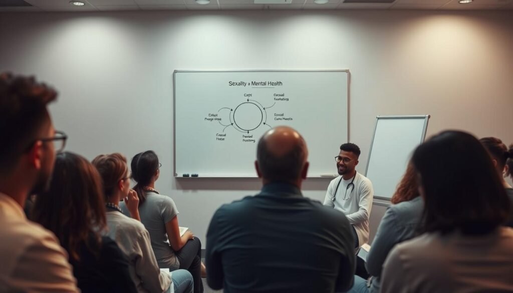A dimly lit classroom setting, with a whiteboard at the center. On the whiteboard, a simple diagram illustrates the relationship between sexuality and mental health, using clean, minimal graphics. In the foreground, a diverse group of patients and healthcare providers sit attentively, engaged in a discussion. Soft, warm lighting creates an atmosphere of openness and learning. The scene conveys a sense of informed, thoughtful exploration of this sensitive topic, with an emphasis on education and understanding.