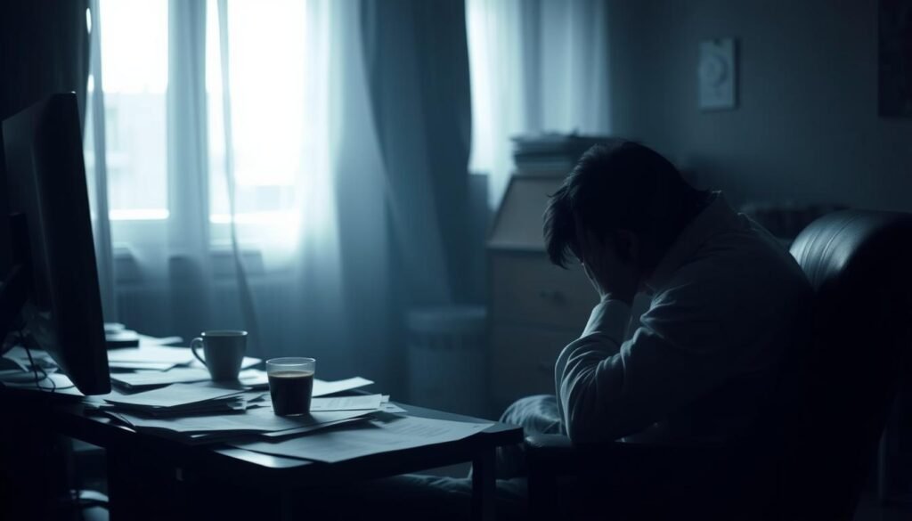 A dimly lit room, the air heavy with a sense of exhaustion. In the foreground, a figure slumped in a chair, eyes closed, head in hands, shoulders slumped. The middle ground reveals a cluttered desk, papers strewn about, a half-empty cup of coffee long forgotten. The background is shrouded in shadows, a metaphor for the overwhelming feeling of being mentally drained. The lighting is soft, almost muted, creating a somber, introspective atmosphere. The perspective is slightly angled, adding to the sense of isolation and disconnection. The overall scene conveys the physical and emotional toll of mental exhaustion, a visual representation of the impact it can have on daily life.