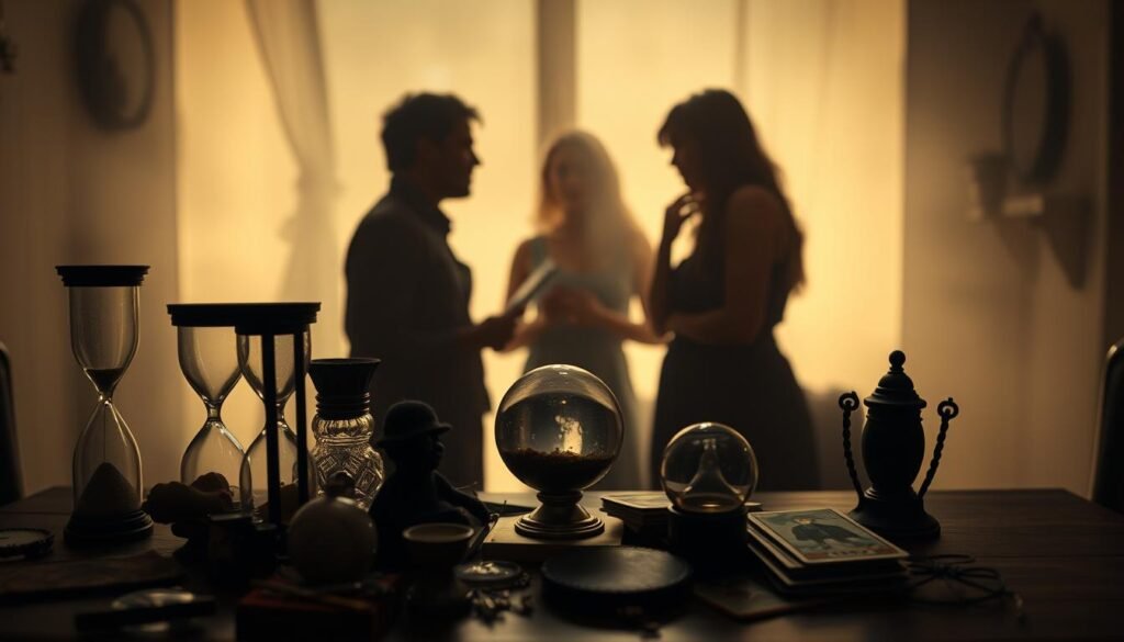 A dimly lit room with a cluttered table in the foreground, displaying various objects associated with sexual health myths - an hourglass, a voodoo doll, a crystal ball, and a set of tarot cards. In the middle ground, silhouettes of people engaged in intimate conversation, their expressions conveying confusion and uncertainty. The background is hazy, with a sense of unease and skepticism permeating the scene. Soft, warm lighting casts an eerie glow, highlighting the juxtaposition between the rational and the irrational. The overall composition evokes a sense of the need to debunk common misconceptions and promote evidence-based sexual health knowledge.