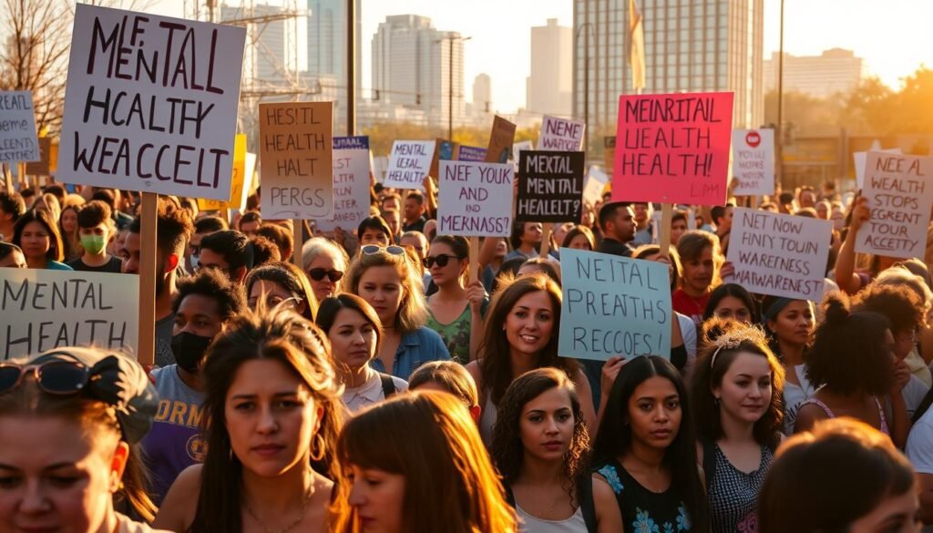 A diverse group of people marching in a peaceful protest, holding vibrant signs and banners advocating for mental health awareness and acceptance. The scene is bathed in warm, golden sunlight, casting a hopeful glow over the crowd. In the foreground, a mix of young and old, different races and ethnicities, united in their cause. In the middle ground, the protesters' faces are filled with determination, their eyes shining with passion. The background features a cityscape, tall buildings in the distance, symbolizing the need for systemic change. The overall mood is one of unity, empowerment, and a collective call for a more compassionate, mental health-inclusive society.
