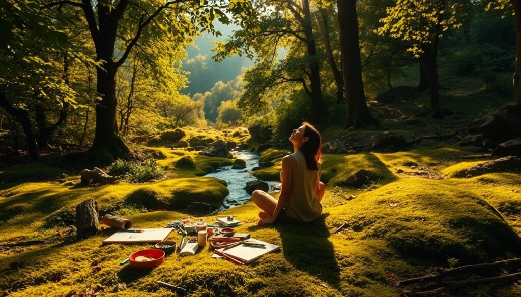 A lush, verdant forest glade bathed in warm, golden sunlight. In the foreground, a person sits cross-legged on the mossy ground, hands on their knees, eyes closed, lost in contemplation. Surrounding them, artistic tools and materials - paints, brushes, sketchpads - lie scattered, hints of vibrant colors peeking through. In the middle ground, a small stream gurgles cheerfully, its waters reflecting the dancing patterns of leaves overhead. In the background, rolling hills and towering trees frame the peaceful scene, creating a sense of tranquility and inspiration.