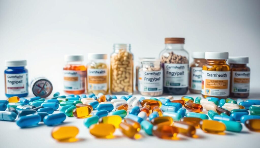 A meticulously arranged still life depicting an array of brain health supplements. In the foreground, an assortment of capsules, tablets, and softgels in various hues of blue, green, and amber, arranged with precision. In the middle ground, glass jars and bottles filled with powdered supplements, their labels showcasing scientific-sounding ingredients. The background features a clean, minimalist backdrop, evenly lit from above, creating a sense of clinical focus and attention to detail. The overall mood is one of thoughtful consideration, inviting the viewer to contemplate the role of supplementation in supporting cognitive function and mental well-being.