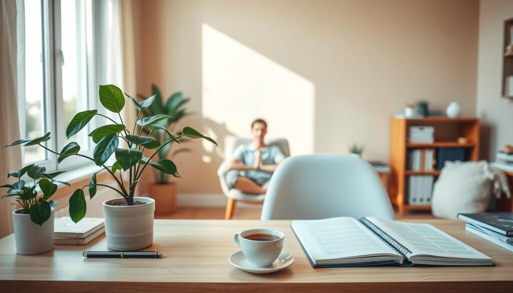 A peaceful, serene home office with natural lighting filtering through a large window. On a tidy desk, a planner and a cup of tea sit alongside a leafy potted plant, symbolizing the balance between productivity and tranquility. In the middle ground, a person sits in a comfortable chair, eyes closed, practicing mindful meditation. The background features a warm, earthy color palette and subtle, soothing textures, creating a calming atmosphere conducive to stress relief through effective time management.
