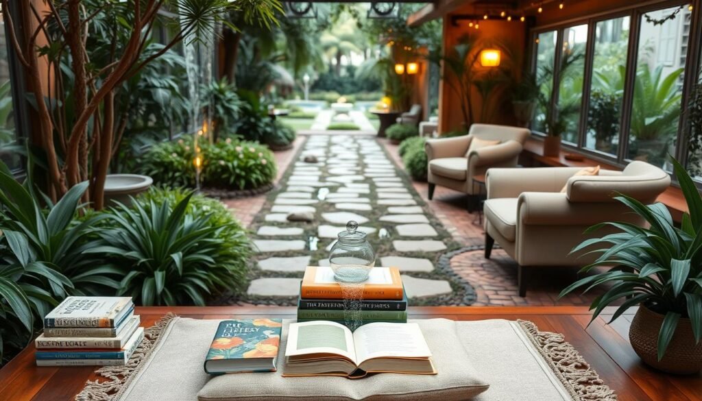 A serene garden oasis with a well-equipped self-care station in the foreground. In the center, a comfortable meditation cushion, a stack of inspirational books, and a relaxing water fountain. The middle ground features a tranquil walking path lined with lush greenery and calming water features. In the background, a cozy reading nook with plush armchairs and warm lighting. The overall atmosphere is one of mindfulness, relaxation, and rejuvenation, encouraging the viewer to engage in healthy coping strategies.