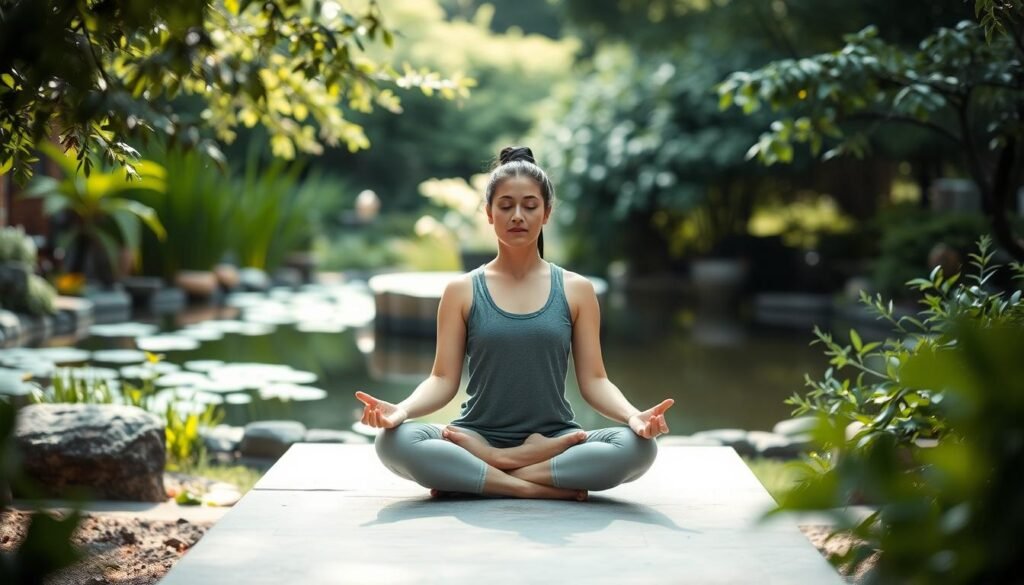 A serene garden setting, with a person sitting in a meditative pose on a smooth stone bench. Soft, diffused natural lighting illuminates the scene, casting subtle shadows. In the background, a tranquil pond reflects the lush greenery surrounding it. The person's expression is one of deep concentration, their eyes closed as they navigate the challenges of mindfulness practice. The overall atmosphere conveys a sense of inner peace and focus, inviting the viewer to pause and find their own center of calm.