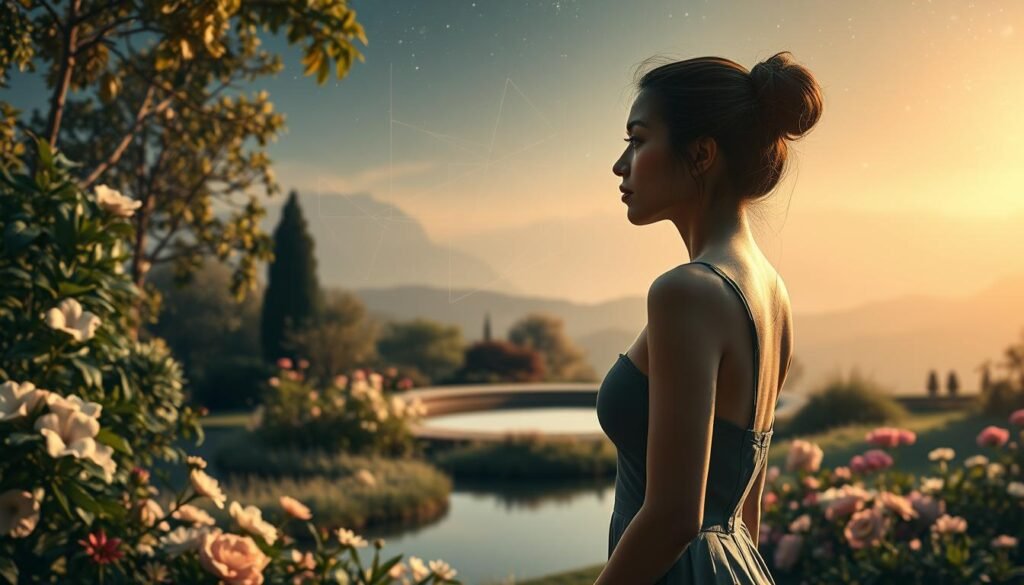 A serene garden setting with lush foliage, blooming flowers, and a tranquil pond. In the foreground, an elegant figure embodying mental and sexual wellness, gazing inward with a calm, contemplative expression. Soft, warm lighting illuminates the scene, creating an atmosphere of introspection and balance. The middle ground features abstract, interlocking shapes and symbols representing the interconnectedness of these aspects of health. In the background, a hazy, dreamlike landscape with a starry night sky, conveying the depth and complexity of the subject matter. Subtle, muted tones and a sense of harmony permeate the entire composition.