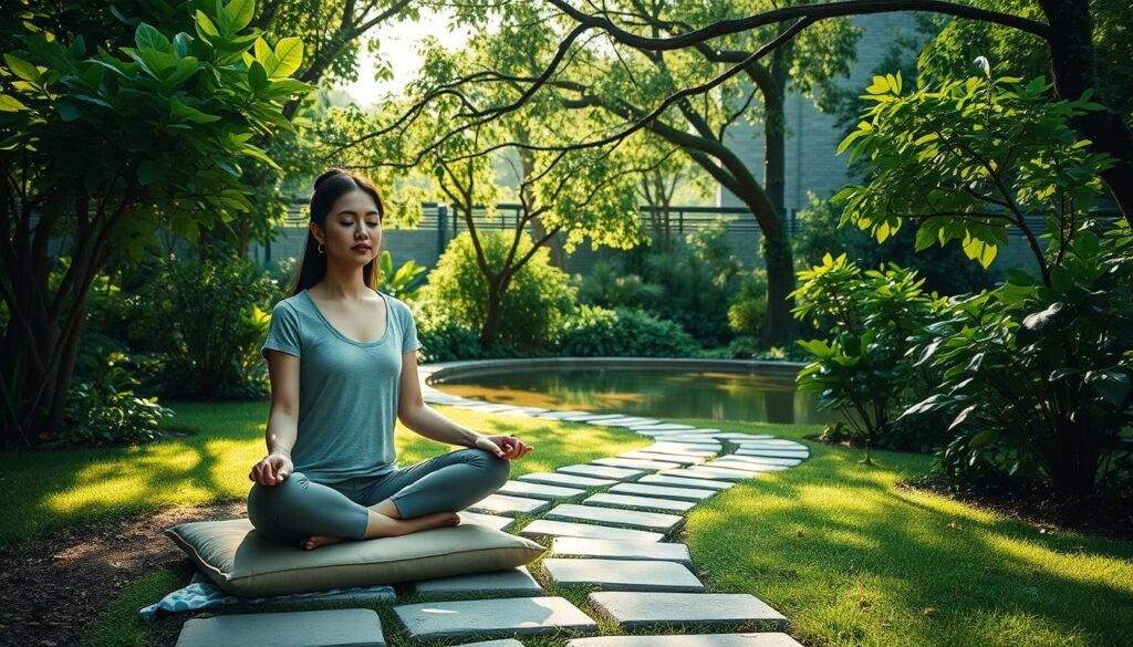 A serene meditation garden with a stone path winding through lush greenery. In the foreground, a woman sits cross-legged on a meditation cushion, her eyes closed in a peaceful expression. Sunlight filters through the canopy of trees, casting a warm, calming glow. In the background, a tranquil pond reflects the surrounding foliage. The atmosphere is one of stillness and mindfulness, inviting the viewer to find their own inner calm and respite from stress.