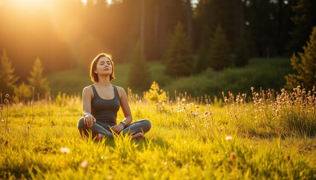 A serene outdoor scene, bathed in warm, golden sunlight. In the foreground, a person sits cross-legged on a grassy knoll, eyes closed, their face radiating a sense of calm and tranquility. Surrounding them, a verdant meadow dotted with wildflowers sways gently in the breeze. In the middle ground, a dense forest of towering evergreens provides a lush, natural backdrop, inviting the viewer to disconnect from the digital world and immerse themselves in the restorative power of nature. The overall atmosphere conveys a sense of rejuvenation, balance, and inner peace, highlighting the mental health benefits of a digital detox.