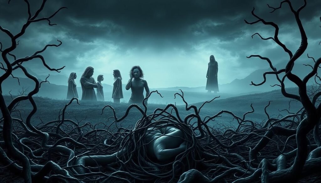 A surreal landscape depicting the psychological risks of misusing sexual behavior. In the foreground, a figure struggles amidst a tangled web of dark, twisted vines, symbolizing the entanglement of unhealthy sexual coping mechanisms. The middle ground features distorted, fragmented figures, their faces obscured, representing the fragmentation of the self. In the distant background, a looming, ominous presence casts an eerie, foreboding shadow, hinting at the potential for deeper psychological harm. The scene is lit with a cool, somber palette, creating a sense of unease and tension. The overall composition conveys a sense of the precarious balance between coping and maladaptive behavior.