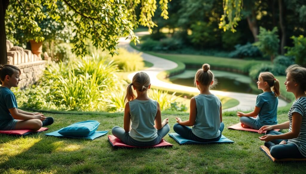 A tranquil scene of children and teens practicing mindfulness in a serene garden setting. In the foreground, a group of young people sit cross-legged on colorful meditation cushions, their eyes closed, hands resting gently on their laps. Gentle sunlight filters through the lush foliage in the middle ground, casting a warm, calming glow. In the background, a meandering path leads to a peaceful pond, its surface reflecting the surrounding greenery. The overall atmosphere is one of focus, calm, and inner exploration, inviting the viewer to embrace the benefits of mindfulness.