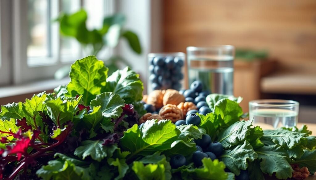 A vibrant still life capturing the essence of leafy greens for cognitive health. In the foreground, a lush arrangement of kale, spinach, and swiss chard, their verdant leaves illuminated by soft, natural lighting from a large window. In the middle ground, an array of walnuts, blueberries, and a glass of water, symbolizing the synergistic relationship between these nutrient-dense foods and brain function. The background is subtly blurred, allowing the viewer to focus on the subject matter. The composition is balanced, with a harmonious color palette and a sense of tranquility, conveying the calming and nourishing properties of these brain-boosting ingredients.