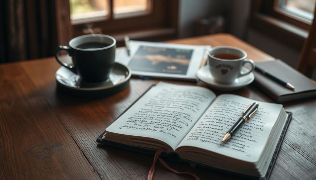 A wooden table in a cozy home office, with an open journal, a vintage-style pen, and a cup of steaming tea. Soft, natural lighting filters through a nearby window, casting a warm glow on the scene. The journal pages are filled with handwritten thoughts and reflections, a visual representation of the process of emotional clarity. The atmosphere is one of introspection, focus, and a sense of personal growth. The composition draws the viewer's attention to the act of journaling, inviting them to imagine the transformative power of this daily practice.