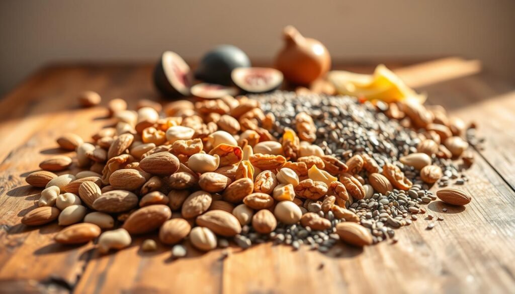 Nuts and seeds on a table