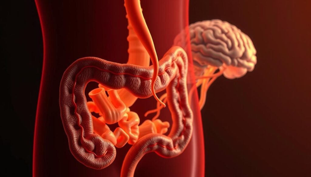 A detailed cross-section of the gut-brain axis, showcasing the intricate connection between the intestines and the brain. In the foreground, a highly detailed illustration of the digestive tract, with the gut microbiome and inflammatory pathways prominently featured. The middle ground depicts the vagus nerve, the primary communication channel between the gut and the brain, winding its way up to the cerebral cortex. In the background, a stylized representation of the brain, with areas associated with mood, cognition, and mental health highlighted. The scene is illuminated by a warm, soft light, creating a contemplative and educational atmosphere, suitable for illustrating the relationship between gut health and mental well-being.