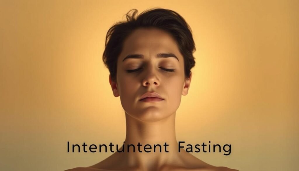 A serene and focused individual in a meditative pose, surrounded by an ethereal, glowing halo of light. The subject's face radiates a sense of mental clarity, their eyes closed in deep contemplation. The background is a soft, muted gradient, creating a calming and introspective atmosphere. Warm, diffused lighting from above casts gentle shadows, emphasizing the subject's tranquil expression. The composition is balanced and harmonious, conveying the mental benefits of intermittent fasting.