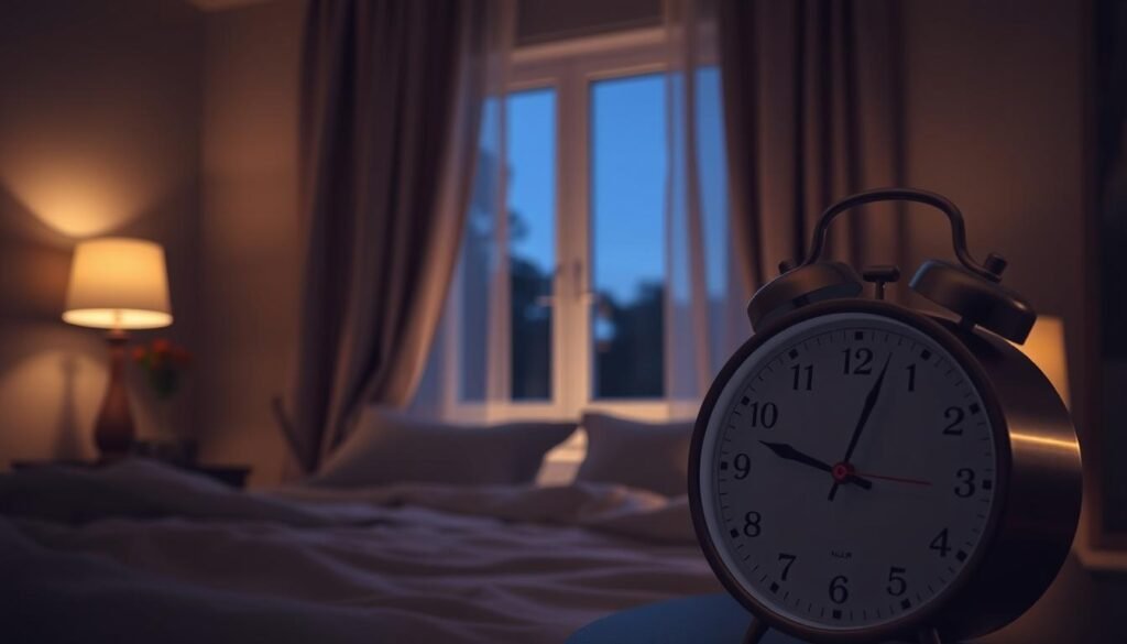 A serene bedroom at night, the soft glow of a bedside lamp illuminating a plush, inviting bed. Lush, flowing curtains frame the window, hinting at the peaceful slumber to come. In the foreground, an analog clock face displays the optimal sleep schedule, its hands pointing to the ideal bedtime and wake-up time. The overall atmosphere is one of tranquility and mindfulness, encouraging the viewer to prioritize their sleep for improved wellness.