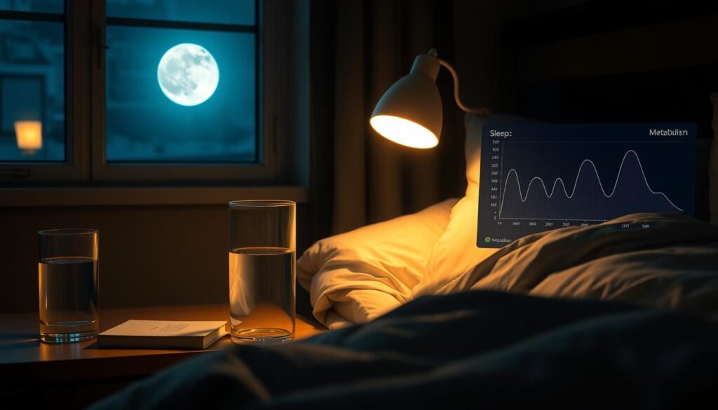 A serene bedroom scene at night, with moonlight streaming through the window. On the bedside table, a glass of water and a book on sleep and metabolism rest beside a softly glowing lamp. The sleeper's face is peaceful, their body tucked under a cozy comforter. In the background, a discreet display shows a graph of the sleeper's sleep cycles and metabolic data, visualizing the connection between rest and metabolic health. The lighting is warm and atmospheric, creating a calming, meditative ambiance that reflects the importance of sleep for optimal metabolism.