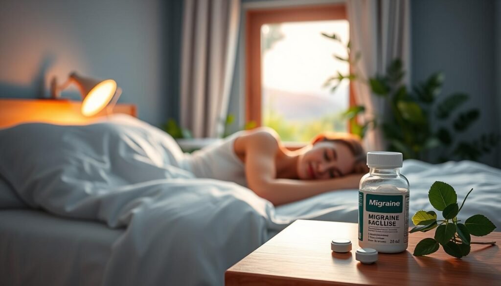 A serene bedroom setting with a sleeping person, surrounded by natural elements that symbolize migraine relief. Soft, warm lighting illuminates the scene, creating a calming ambiance. In the foreground, a nightstand holds a glass of water and a bottle of migraine medication, signifying the importance of both rest and treatment. In the background, lush greenery and soothing colors evoke a sense of tranquility, while a window overlooking a peaceful landscape suggests the restorative power of nature. The overall composition conveys the interconnectedness of sleep and migraine management, inviting the viewer to find solace and respite in this serene environment.