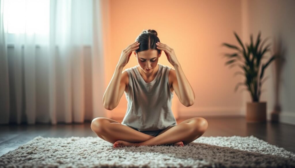 A serene, dimly lit room with a person sitting cross-legged on a plush, neutral-toned rug. The person's hands are gently pressing specific points on their temples, forehead, and the base of their skull, demonstrating acupressure techniques for headache relief. Soft, warm lighting illuminates the scene, creating a calming, meditative atmosphere. The background is blurred, placing the focus on the person's hands and head, showcasing the targeted pressure points. The image conveys a sense of relaxation, pain relief, and the therapeutic potential of alternative therapies for headaches.