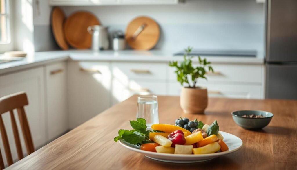 A serene kitchen scene with a wooden table, soft natural lighting, and a simple yet elegant place setting. In the foreground, a plate of fresh, colorful fruits and vegetables, arranged thoughtfully. Nearby, a glass of water and a small bowl of nuts or seeds, symbolizing the balance of nourishment. In the background, a potted plant or herb, adding a touch of greenery and a sense of tranquility. The overall atmosphere evokes a feeling of mindfulness, inviting the viewer to slow down, savor, and connect with the present moment.