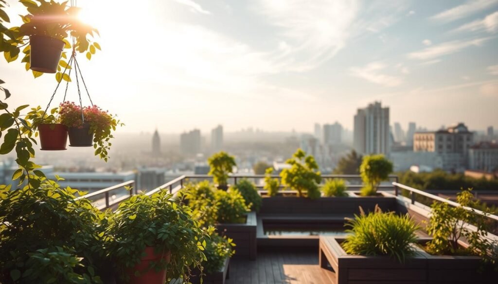 A serene urban rooftop garden, bathed in warm afternoon sunlight filtering through wispy clouds. In the foreground, lush potted plants and hanging baskets cascade over the edge, creating a verdant oasis. Strategically placed wooden benches and planters invite visitors to pause and connect with nature. The middle ground showcases a small pond or water feature, its gentle ripples reflecting the surrounding greenery. In the background, the cityscape gently fades, subtly reminding the viewer of the importance of integrating nature into urban environments to combat eco-anxiety. Soft, diffused lighting casts a calming, restorative atmosphere over the entire scene.