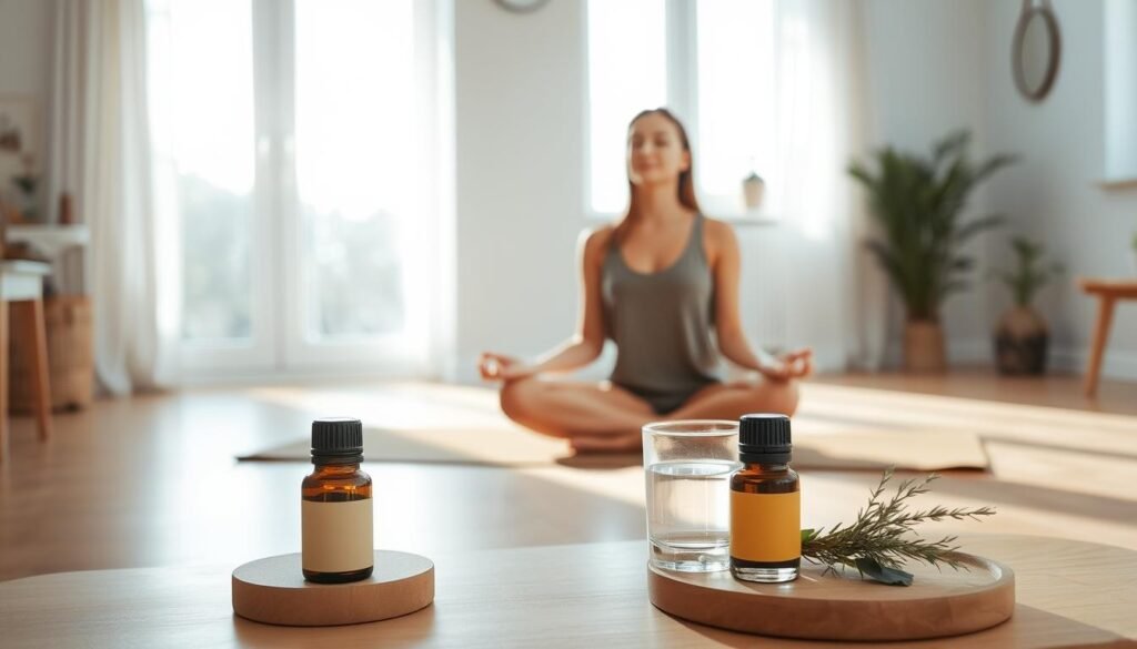 A serene, well-lit indoor setting with a person sitting comfortably on a yoga mat, eyes closed, in a peaceful meditative pose. Soft natural lighting filters through large windows, creating a calming ambiance. In the foreground, soothing essential oils diffuse, while in the middle ground, a glass of water and a few calming herbs sit on a wooden side table. The background features a neutral, soothing color palette with minimalist decor, conveying a sense of relaxation and tranquility. The overall scene emanates a therapeutic atmosphere that could help alleviate migraine symptoms through the power of mindfulness and natural remedies.