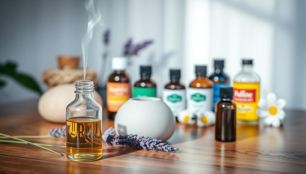 A serene, well-lit scene depicting a variety of essential oil bottles and diffuser on a wooden table, with soft natural lighting and a calming, spa-like atmosphere. In the foreground, an open bottle of lavender oil, its aroma wafting through the air. In the middle ground, a minimalist ceramic essential oil diffuser releases gentle wisps of fragrant steam. The background features other essential oil bottles, including peppermint, eucalyptus, and chamomile, arranged in a visually pleasing manner. The overall mood is one of relaxation and natural healing, conveying the idea of using aromatherapy to alleviate headache symptoms.