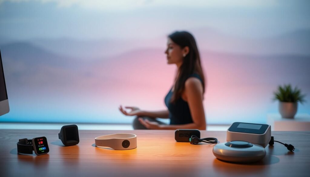 A serene workspace illuminated by soft, ambient lighting. In the foreground, an array of biofeedback devices - heart rate monitors, electrodermal activity sensors, and breathing pacer - resting on a minimalist wooden desk. The middle ground features a person engaged in a mindfulness exercise, their expression calm and focused. In the background, a tranquil landscape with rolling hills and a distant horizon, creating a sense of peaceful isolation. The overall composition conveys a soothing, therapeutic atmosphere conducive to emotional well-being.