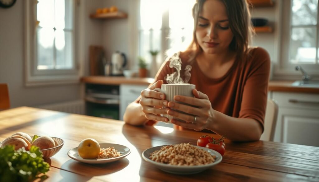 A tranquil kitchen scene with a person sitting at a wooden table, their hands gently cradling a steaming mug of tea. Sunlight filters through the window, casting a warm, soft glow on the scene. On the table, a simple yet elegant arrangement of fresh fruits, vegetables, and a small plate of whole grains. The person's expression is one of mindful focus, their gaze downcast as they savor each sip. The atmosphere is serene, encouraging a sense of grounded presence and appreciation for the nourishing elements of the meal. Captured with a clean, natural aesthetic using a wide-angle lens and natural lighting.
