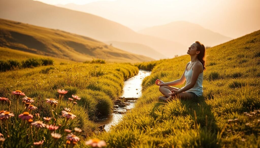 A tranquil meadow bathed in soft, golden sunlight. In the foreground, a person sits cross-legged on the grass, eyes closed in deep meditation, hands resting gently on their lap. Surrounding them, wildflowers sway in the gentle breeze, their vibrant colors complementing the serene atmosphere. In the middle ground, a small stream gurgles softly, its reflective surface mirroring the lush, verdant foliage on its banks. In the distance, rolling hills fade into a hazy horizon, their silhouettes creating a peaceful, dreamlike backdrop. The scene conveys a sense of profound stillness and connection with the natural world, embodying the essence of mindfulness in nature.