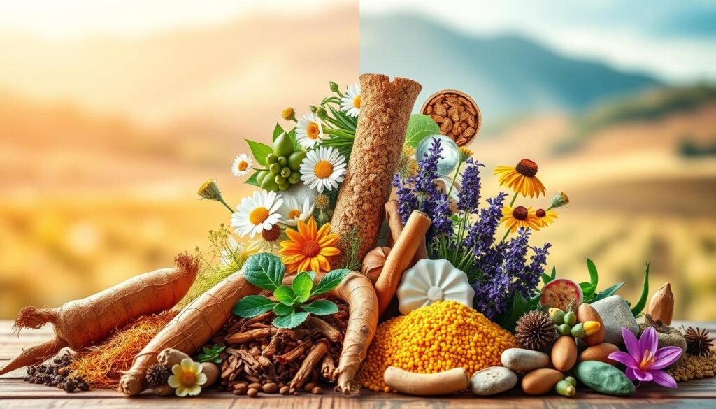 A vibrant, contrasting composition depicting the interplay between adaptogens and traditional remedies. In the foreground, an array of natural adaptogenic botanicals - ashwagandha, ginseng, rhodiola - in vivid colors, arranged with purposeful elegance. In the middle ground, a collage of classic herbal remedies - chamomile, lavender, echinacea - in muted tones. The background features a blurred, ethereal landscape evoking the natural world, bathed in warm, diffused lighting that casts a serene, contemplative atmosphere. The image suggests the harmony and complementarity between the modern adaptogenic approach and time-honored traditional remedies, inviting the viewer to explore this holistic wellness spectrum.