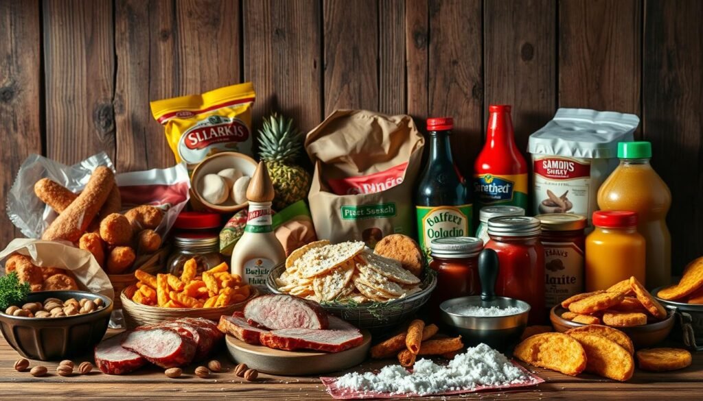 A vibrant still life capturing an array of "inflammatory foods" - a selection of processed meats, fried snacks, sugary treats, and salty condiments, all set against a rustic wooden backdrop. The items are arranged in a dynamic, eye-catching composition, with varying textures, shapes, and colors creating a sense of visual interest. Dramatic lighting casts shadows and highlights the rich, indulgent nature of these potentially inflammatory edibles, conveying a sense of temptation and indulgence. The overall mood is one of abundance and excess, inviting the viewer to consider the impact these foods may have on physical and mental well-being.