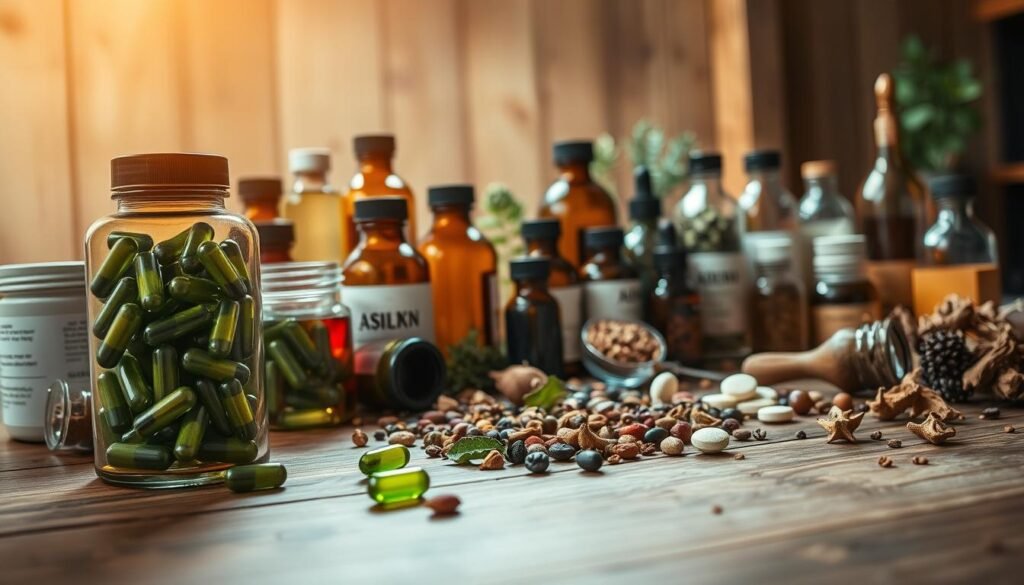 A wooden table covered in an assortment of natural metabolism-boosting supplements. In the foreground, a sleek glass bottle filled with green capsules casts a soft glow. Surrounding it, an array of herbal tinctures, powders, and tablets in amber glass jars. The middle ground features a sprinkle of dried berries, leaves, and roots, hinting at the botanical origins of these natural remedies. Warm, diffused lighting from above creates a serene, apothecary-like atmosphere, emphasizing the purity and efficacy of these holistic metabolism-enhancing supplements.