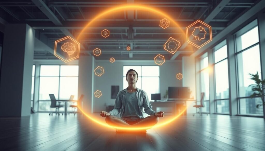 An expansive, well-lit indoor scene showcasing the cognitive benefits of intermittent fasting. In the foreground, a person sits in a meditative pose, their face serene and focused. Around them, a halo of soft, golden light emanates, signifying enhanced mental clarity and concentration. In the middle ground, abstract visual representations of improved memory, problem-solving skills, and creative thinking dance in the air, represented by glowing, geometric shapes. The background depicts a modern, minimalist office space, with large windows allowing natural light to flood the room, symbolizing the rejuvenating effects of intermittent fasting on the brain. The overall mood is one of tranquility, productivity, and intellectual vitality.