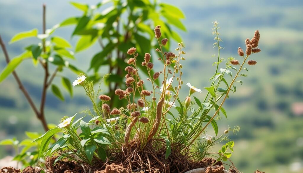 Lush, vibrant adaptogen plants gently swaying in a soft, natural light. In the foreground, a cluster of diverse herbs and botanicals - ashwagandha, rhodiola, holy basil, and more - their verdant leaves and delicate flowers captured in intricate detail. The middle ground showcases the plants in their full glory, their stems and roots intertwined, creating a harmonious, earthy composition. In the background, a serene, blurred landscape provides a peaceful, calming backdrop, hinting at the restorative powers of these remarkable adaptogenic superfoods. The overall mood is one of tranquility, wellness, and the nourishing bounty of nature.