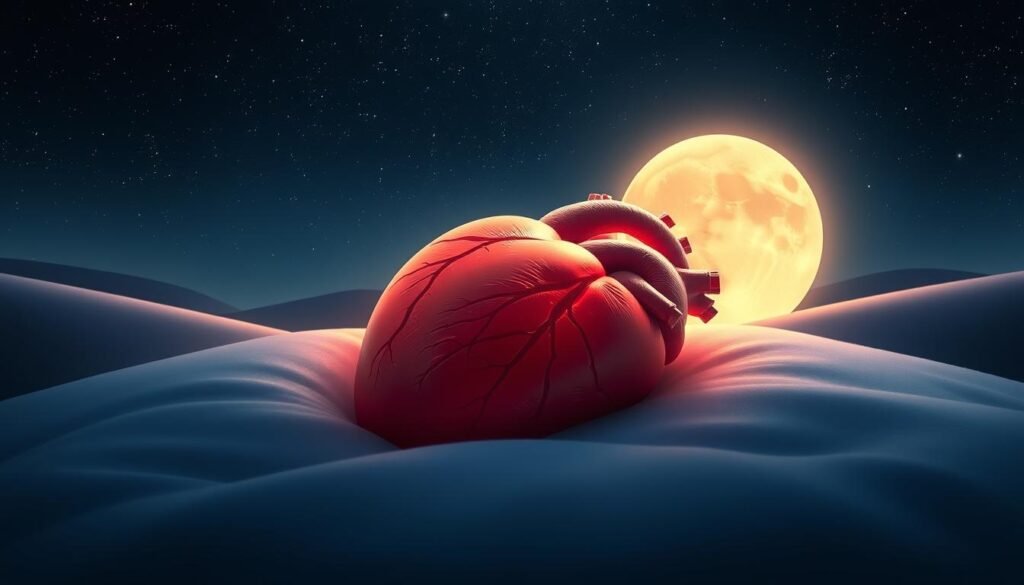 Sleeping heart surrounded by a peaceful, moonlit landscape. Soft, glowing light illuminates the heart, representing the vital connection between quality sleep and cardiovascular health. The heart rests comfortably, symbolizing the restorative power of slumber. In the background, a starry night sky and serene, rolling hills create a calming, contemplative atmosphere. The composition emphasizes the importance of sleep for maintaining a healthy, strong heart through a harmonious, dreamlike visualization.