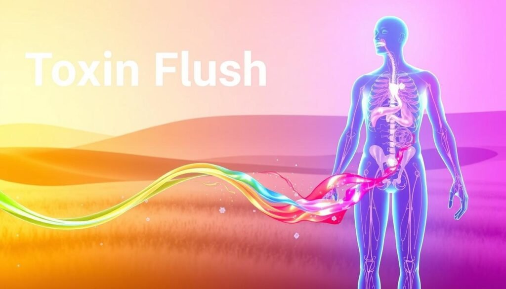 A bright, clean, and vibrant illustration depicting the "Toxin Flush" concept. The foreground shows a transparent human figure with glowing veins and organs, highlighting the detoxification process. The middle ground features a flowing stream of colorful, swirling liquids and particles, representing the flushing of toxins from the body. The background is a serene, minimalist landscape with soft, natural hues, conveying a sense of balance and wellness. Lighting is soft and diffused, with a gentle glow emanating from the central figure. The overall composition creates a visually striking and informative image to accompany the "Toxin Flush: Myths vs. Facts" section of the article.