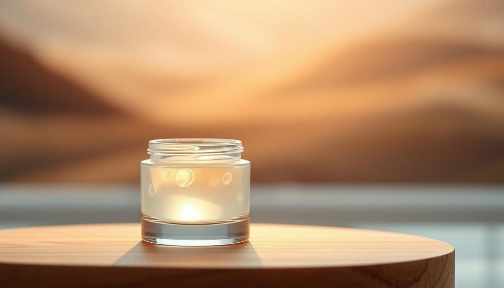 A close-up shot of a tranquil, minimalist skincare display featuring a glass jar filled with a luminous, iridescent gel-like substance. The jar is nestled on a sleek, wooden platform, illuminated by soft, natural lighting that casts a warm, organic glow. In the background, a blurred, abstract landscape of earthy tones and gentle curves suggests a connection to the natural world. The overall composition evokes a sense of harmony, innovation, and the integration of biological design principles into modern skincare products.