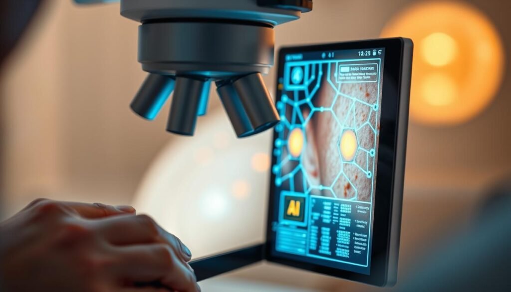 A close-up view of a dermatologist's hand examining a patient's skin through a high-resolution digital microscope, the image displayed on a sleek, modern AI-powered touchscreen interface. In the background, a network of neural connections visualizes the AI's analysis, highlighting areas of inflammation and potential conditions. Soft, diffused lighting illuminates the scene, creating a clinical yet warmly inviting atmosphere. The focus is on the integration of cutting-edge AI technology seamlessly blending with the medical professional's expertise, showcasing the future of precision dermatology.