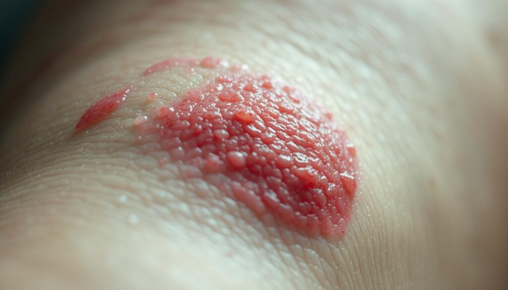 A close-up view of an inflamed skin section, captured with a medical-grade macro lens. The epidermis appears reddened and irritated, with visible papules and pustules. Subtle detail in the texture conveys the rough, bumpy nature of the inflammation. Diffused, soft lighting illuminates the affected area, casting gentle shadows that accentuate the contours. The background is blurred, placing the focus solely on the skin condition. An atmosphere of clinical objectivity, conveying the need for precise, AI-driven analysis and treatment of this inflammatory dermatological issue.