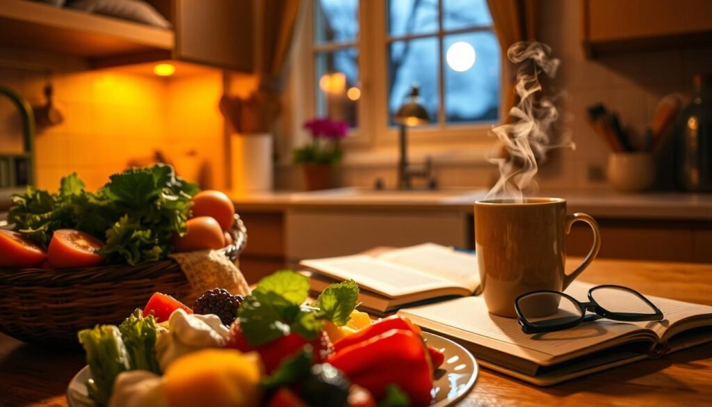 A cozy kitchen scene illuminated by warm, golden lighting. In the foreground, a plate of fresh, vibrant fruits and vegetables - the building blocks of a nutritious, sleep-promoting diet. In the middle ground, a steaming mug of herbal tea, accompanied by a journal and a pair of reading glasses, symbolizing the importance of winding down before bed. The background features a serene, moonlit window, hinting at the restorative power of a good night's sleep. The overall atmosphere is one of balance, calm, and the holistic connection between diet, sleep, and well-being.