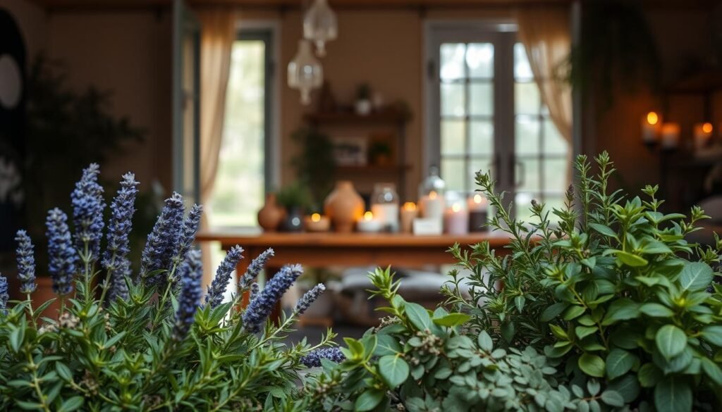 A cozy, well-lit natural setting, featuring an arrangement of lush, verdant botanicals and fragrant herbs. In the foreground, a selection of potted plants and sprigs of lavender, rosemary, and eucalyptus, their vibrant foliage and soothing aromas creating a calming, restorative atmosphere. In the middle ground, a rustic wooden table or shelf displaying an assortment of essential oil diffusers and candles, their soft flames flickering and casting a warm, inviting glow. In the background, a large window or open doorway, allowing natural sunlight to filter in and illuminate the space. The overall mood is one of tranquility, serenity, and therapeutic natural ambiance.