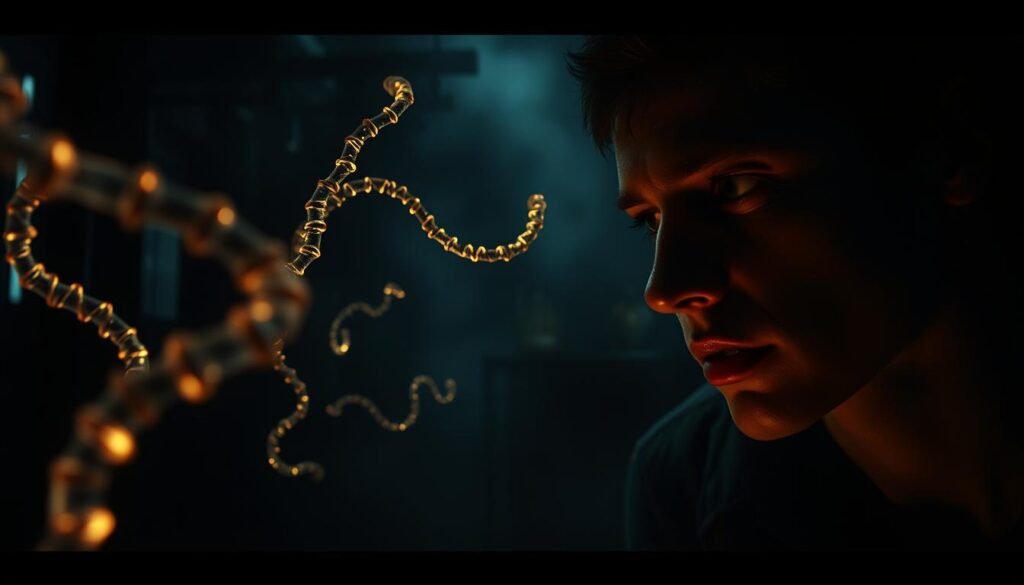 A dark, futuristic laboratory setting with eerie, pulsing DNA strands emanating a faint, unsettling glow. In the foreground, a disembodied human face appears partially obscured, its expression one of unease and uncertainty. The middle ground features intricate, tangled molecular structures, hinting at the potential limitations and risks of DNA-coded skincare. The background is shrouded in a hazy, ominous atmosphere, conveying a sense of the unknown and the potential consequences of manipulating the building blocks of life. Dramatic, high-contrast lighting casts dramatic shadows, adding to the somber, cautionary mood. Captured with a wide-angle lens to create a sense of depth and unease.