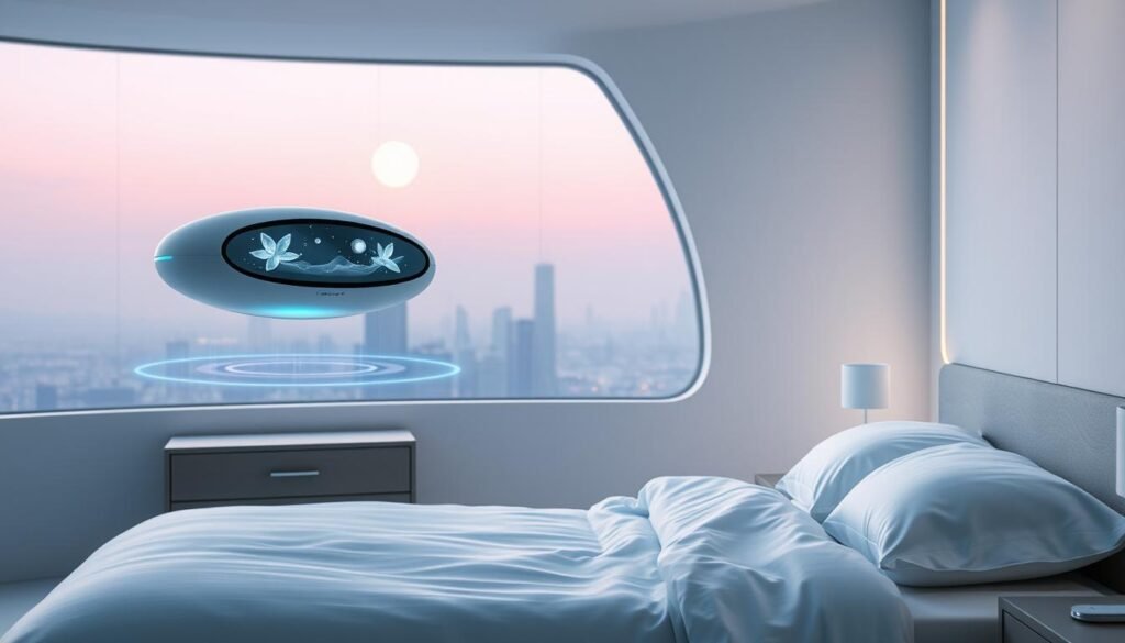 A futuristic scene of sleep technology, showcasing a serene bedroom with minimalist decor. In the foreground, a sleek, oval-shaped device levitates above a nightstand, its holographic display projecting soothing visuals. The middle ground features a comfortable-looking bed with crisp white linens, surrounded by ambient lighting that mimics the natural cycle of day and night. In the background, a panoramic window reveals a cityscape bathed in the soft glow of a moonlit sky. The overall atmosphere conveys a balance between technology and relaxation, hinting at the duality of sleep technology's impact on our lives.