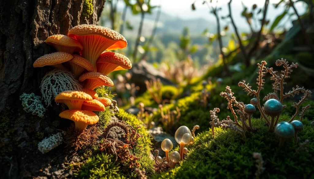 A lush, biodiverse garden in dappled sunlight, showcasing the natural beauty of living materials. In the foreground, a cluster of vibrant, textured fungi sprout from decaying wood, their caps unfurling in shades of ochre and crimson. Delicate, translucent lichen cling to the bark, while mosses carpet the ground in velvety hues of emerald. In the middle ground, a striking array of microorganisms thrive, their microscopic forms magnified to reveal intricate patterns and iridescent colors. The background features a hazy, out-of-focus landscape, suggesting a sense of wonder and discovery. Soft, directional lighting accentuates the tactile, organic qualities of the living materials, evoking a sense of clinical research and the transformative power of nature.