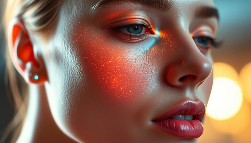 A serene, futuristic close-up portrait of a woman's face, her skin glowing with a luminous, almost ethereal quality. Her features are subtly enhanced by the latest advancements in genome-based skincare, creating a perfect, bespoke complexion. Soft, warm lighting illuminates her face from the side, accentuating the intricate patterns and colors of her skin, which seem to shimmer with an otherworldly radiance. The background is blurred, placing the focus entirely on this vision of "genome-based beauty" - a glimpse into the personalized, high-tech future of skincare tailored to one's unique genetic makeup.