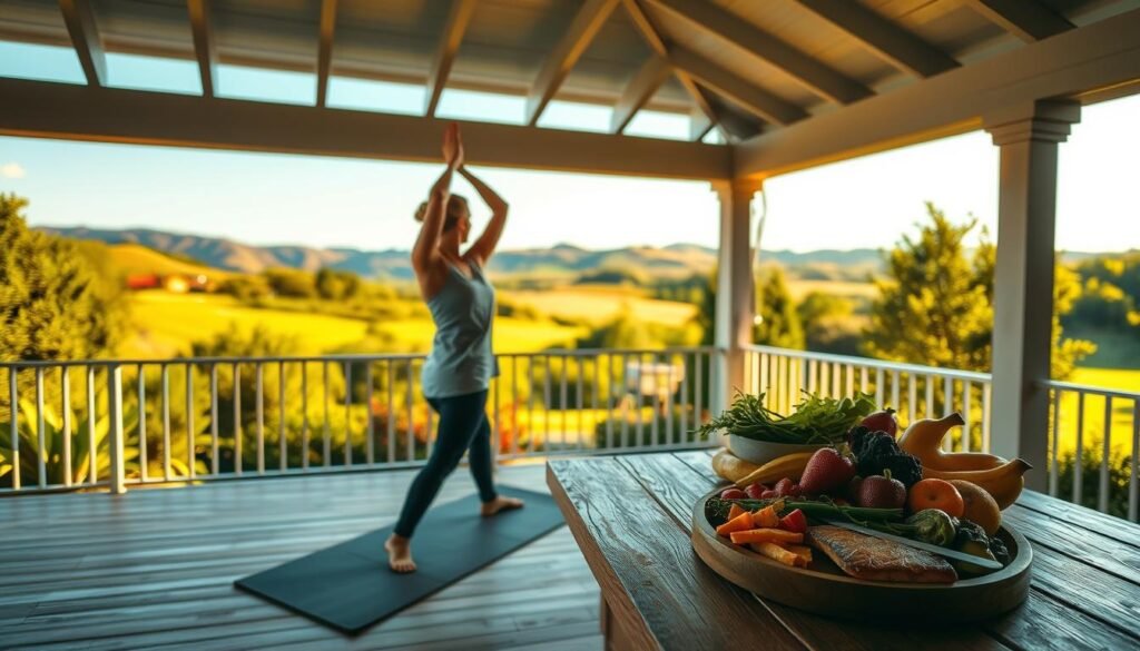 A serene outdoor setting with a well-lit, spacious veranda overlooking a lush, verdant garden. In the foreground, a person performing gentle yoga stretches, their movements graceful and mindful. In the middle ground, a healthy meal being prepared on a wooden table, with fresh fruits, vegetables, and lean proteins. The background features a scenic view of rolling hills and a clear, blue sky, bathed in warm, golden-hour lighting. The overall atmosphere exudes a sense of tranquility, balance, and a commitment to holistic well-being, reflecting the lifestyle changes that promote a healthy heart.